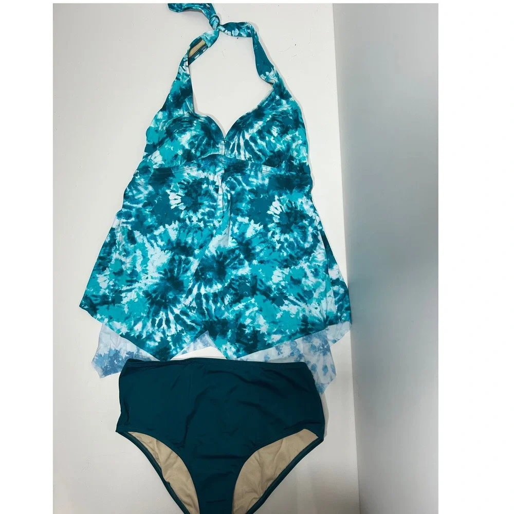 Kim Gravel x Swimsuits For All Tie Dye Halter Tankini Set Teal White Size 10